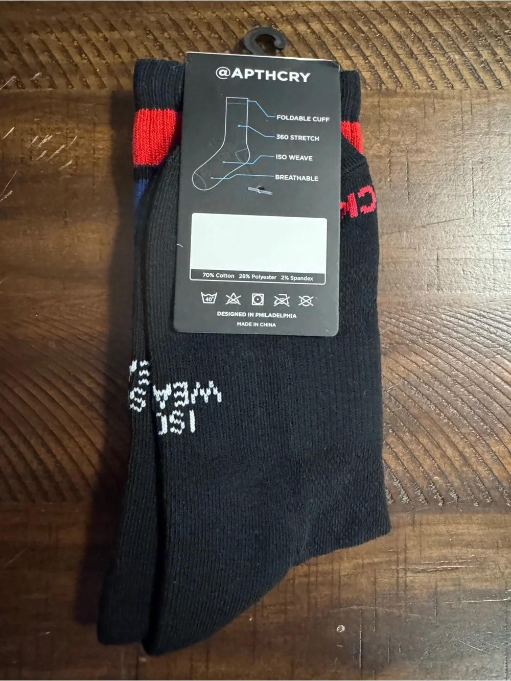 APTHCRY Black Crew Socks with Red & Blue Stripes
